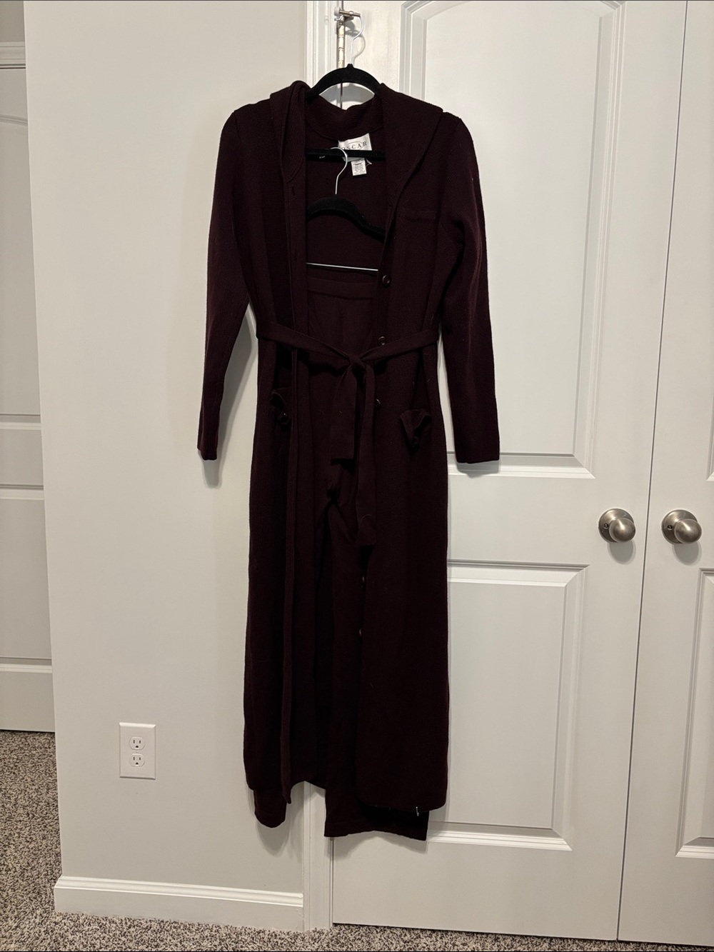 Oscar Dela Renta Espresso Brown 100% Mernio Wool Pant and Cardigan Set Womens L